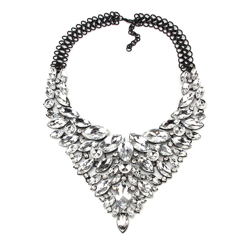 A Maramalive™ Alloy Rhinestone Necklace Luxury Full Diamond Sweater Chain on a black background.