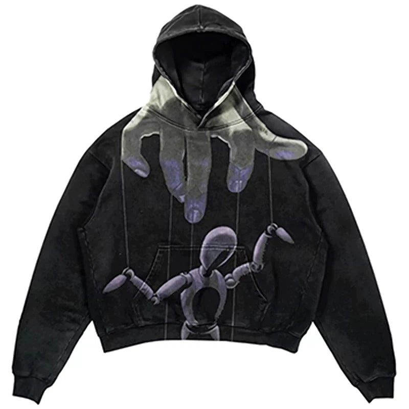 A black Popular Skull Print Design Hoodie Retro Street Gothic Style by Maramalive™, featuring a large graphic of a hand controlling a marionette puppet in shades of gray and white, embodying gothic street style with an urban edge.