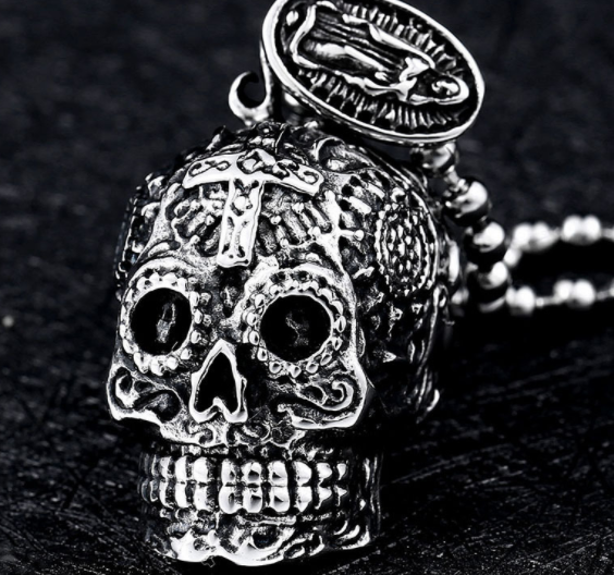 A Gothic Skull Pendant Necklace on a black background, brand Maramalive™