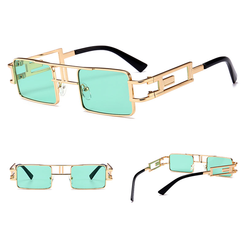 A pair of Maramalive™ mens rectangular sunglasses with a gold frame and green lens.
