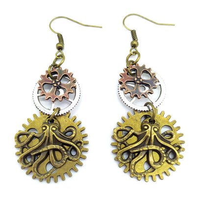 A group of four Maramalive™ Three-color Gear Octopus Steampunk Earrings.