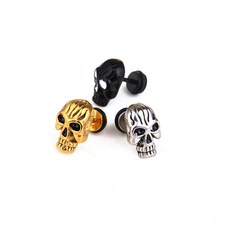 Three Maramalive™ vintage skull earrings with electroplating treatment in black, gold, and silver.