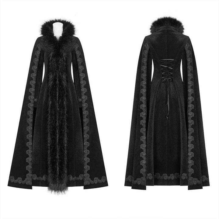 A woman in a Maramalive™ Punk State Women's Half Cape Dark Tie Gothic Retro Gorgeous Long Coat with fur hood.