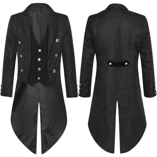 Front and back views of a black, formal tailcoat with a paisley pattern, featuring silver buttons and a matching waistcoat—ideal as sophisticated stage wear. The Maramalive™ Men's Retro Gothic Style Swallowtail Mid-length Jacquard Blazer is crafted from durable polyester fiber for added comfort.