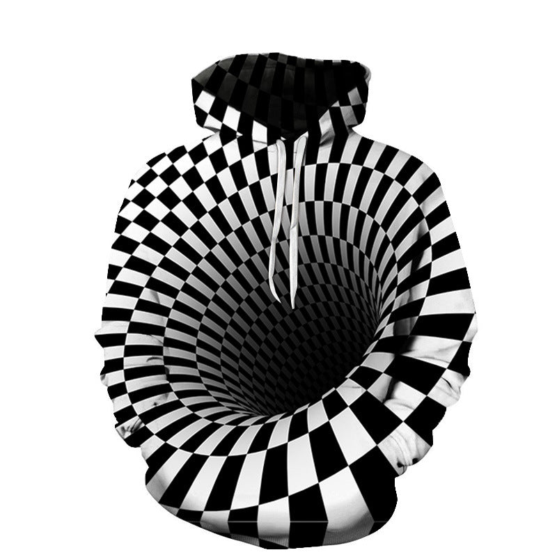 Maramalive™ 3D Digital Printing Couple Wear Trend Fashion Sweater Hoodie with a black and white checkerboard design that creates an optical illusion of a spiral tunnel, made from high-quality polyester fiber and inspired by European and American style.