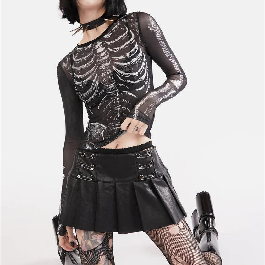 Women's Fashion Long Sleeve Mesh Skeleton Print Top