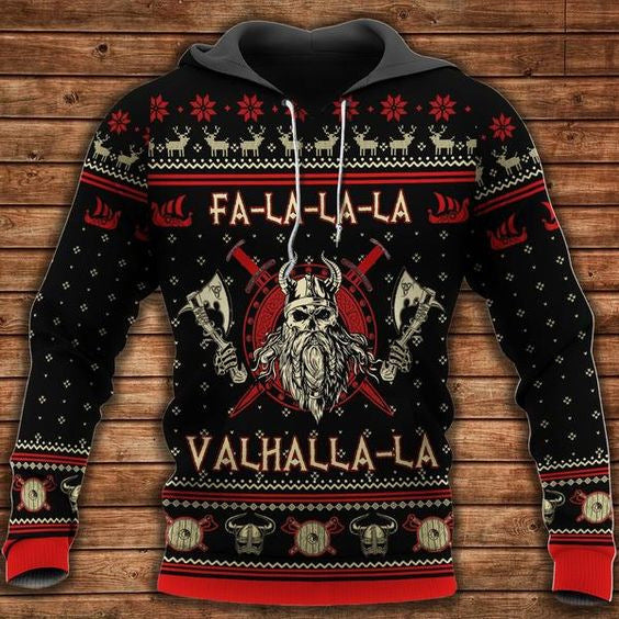 Black and red Men's Hoodie 3D Digital Printing Hoodie with Norse Viking skull and axes design. Text reads "FA-LA-LA-LA-VALHALLA-LA." Festive elements include reindeer and snowflakes. Wood background. Made of polyester for a cozy fit. Branded by Maramalive™.
