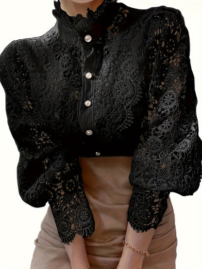 A person wearing a black Maramalive™ Plus Size Elegant Blouse, Women's Plus Solid Contrast Lace Lantern Sleeve Button Up Mock Neck Shirt Top with pearl buttons, paired with a beige skirt, stands with hands slightly crossed.