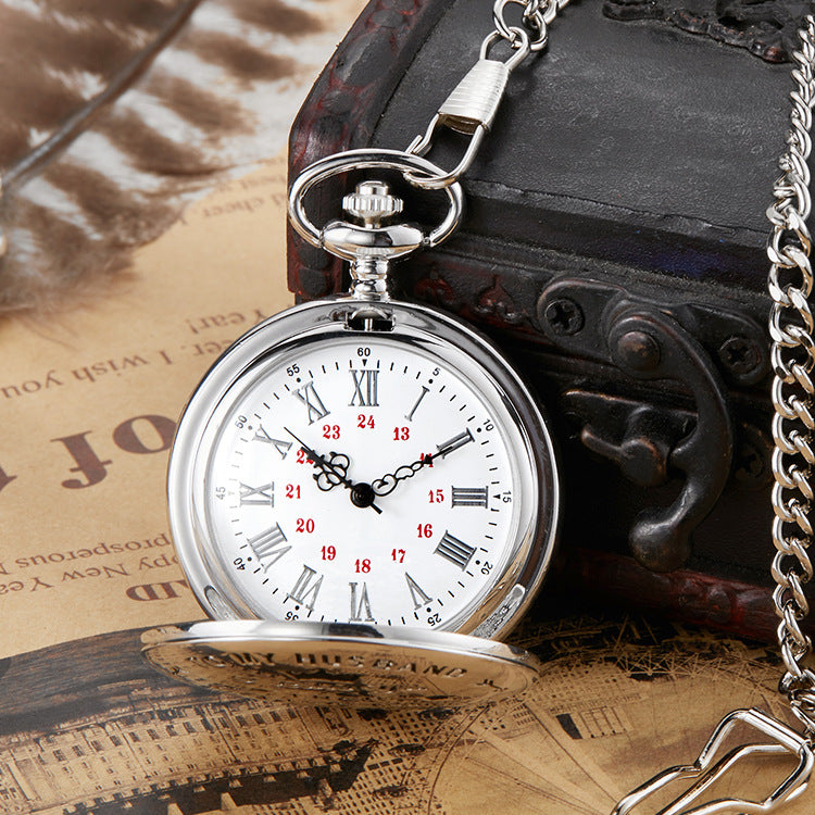 A Maramalive™ Engraving Vintage Quartz Pocket Watch Pendant Vintage Pocket Watch with a quartz movement type and a dial diameter that says "I love you till the end of time.