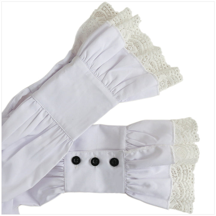 A close-up image of the cuffs of a white, solid color Men's Pleated Pirate Shirt Medieval Renaissance Cosplay Costume Steampunk Top by Maramalive™ featuring black buttons and lace trim, crafted from a soft cotton blend.