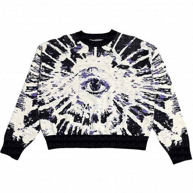 A black and white, loose fit sweater featuring a central eye design with radiating patterns, perfect for anime sweater enthusiasts. Introducing the **Cozy Anime Couples: Loose Sweaters for Relaxed Duos** from **Maramalive™**.