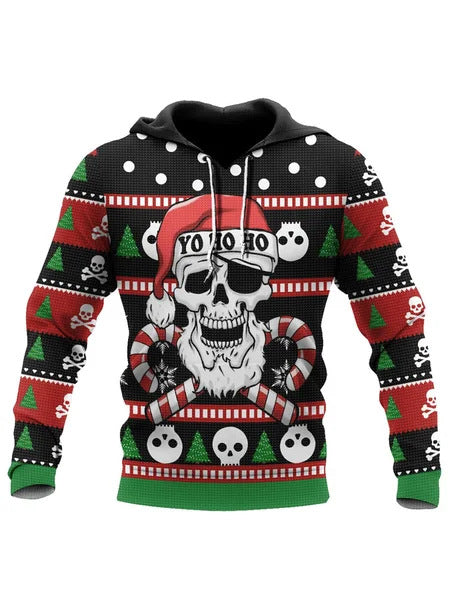 A festive Maramalive™ Men's Hoodie 3D Digital Printing Hoodie featuring a skull with sunglasses and Santa hat, candy canes, and "YO HO HO" text against a Christmas-themed background with trees, dots, and small skulls. Made of soft polyester for ultimate comfort.