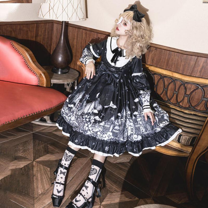A girl in a Twilight Temptation: Gothic Lolita Dark Color Loli Autumn Winter Daily Lolita High dress from Maramalive™ posing on a couch.