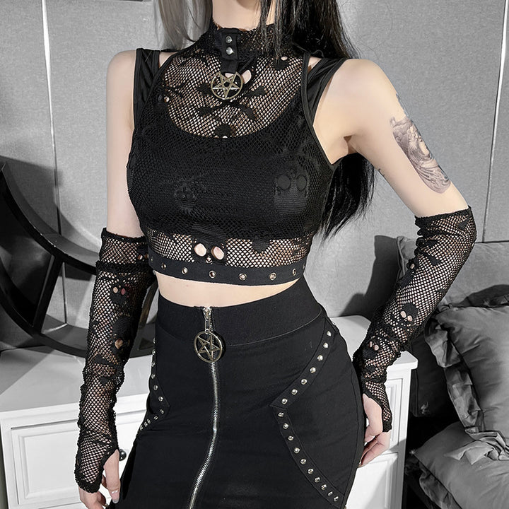 A woman wearing a black crop top and skirt with a touch of Maramalive™'s Raven’s Song: Skull Mesh Sleeve Lace See-through Gothic Vest Two-piece.