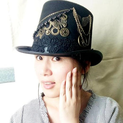 A woman wearing a Maramalive™ Steampunk bowler hat.