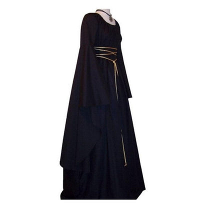 A woman in a vintage Maramalive™ Medieval Witch Halloween Costume -Vintage Pagan Long Sleeved Dress with a lantern.