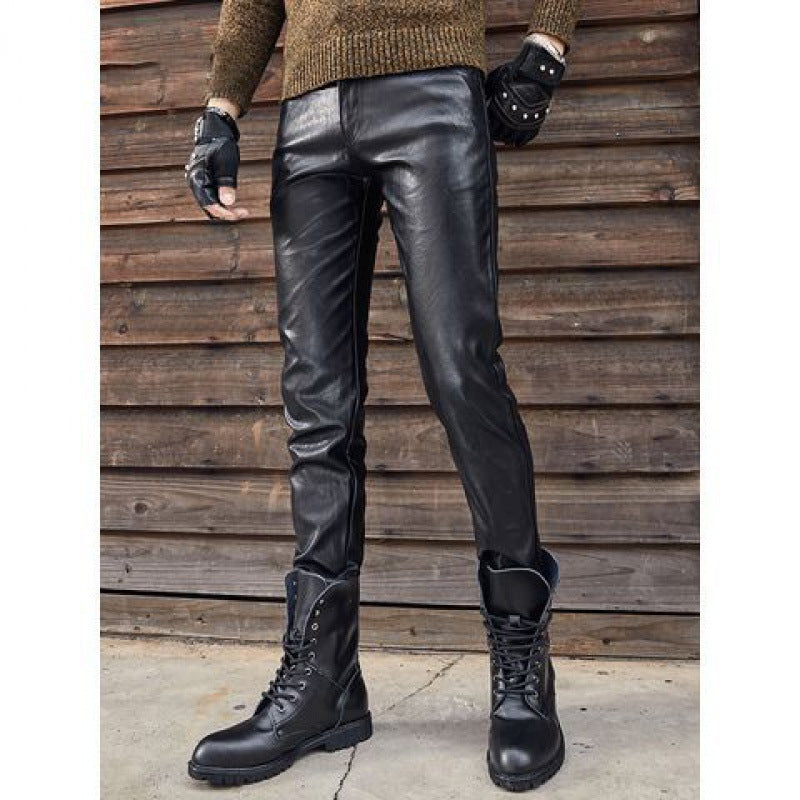 A man wearing Maramalive™ New Arrival Vegan-Friendly Leather Retro Slim Fit Biker Pants and gloves.