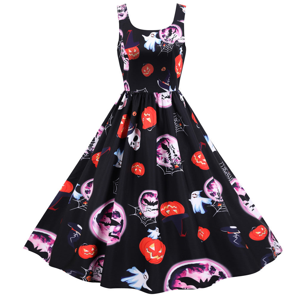 A Maramalive™ Halloween Rock And Roll Sleeveless Floral Dress with witches and pumpkins on it.