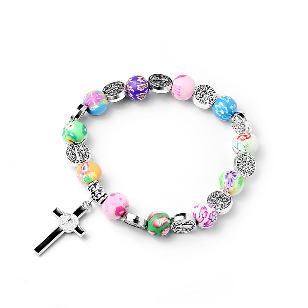 Colored Polymer Clay Cross Rosary Bracelet