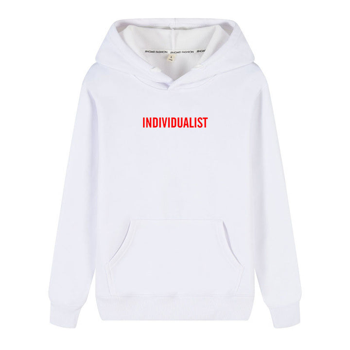 A white Maramalive™ Hoodie Print hoodie with the word "INDIVIDUALIST" printed in red capital letters on the front. The hooded design features a front pocket and a drawstring for adjustable comfort.