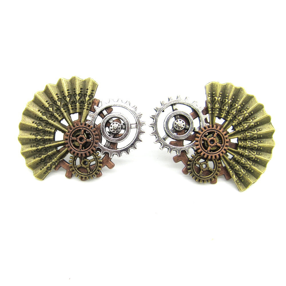 A pair of Creative Alloy Steampunk Sector Gear Earrings with a Maramalive™ fan.