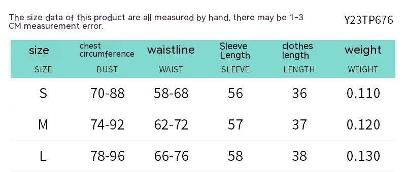 A size chart for the Maramalive™ Printed Off-neck Long Sleeve Backless Pleated Top displays measurements for sizes S, M, and L, including chest circumference, waistline, sleeve length, clothes length, and weight. The polyester material may have a noted potential measurement error.