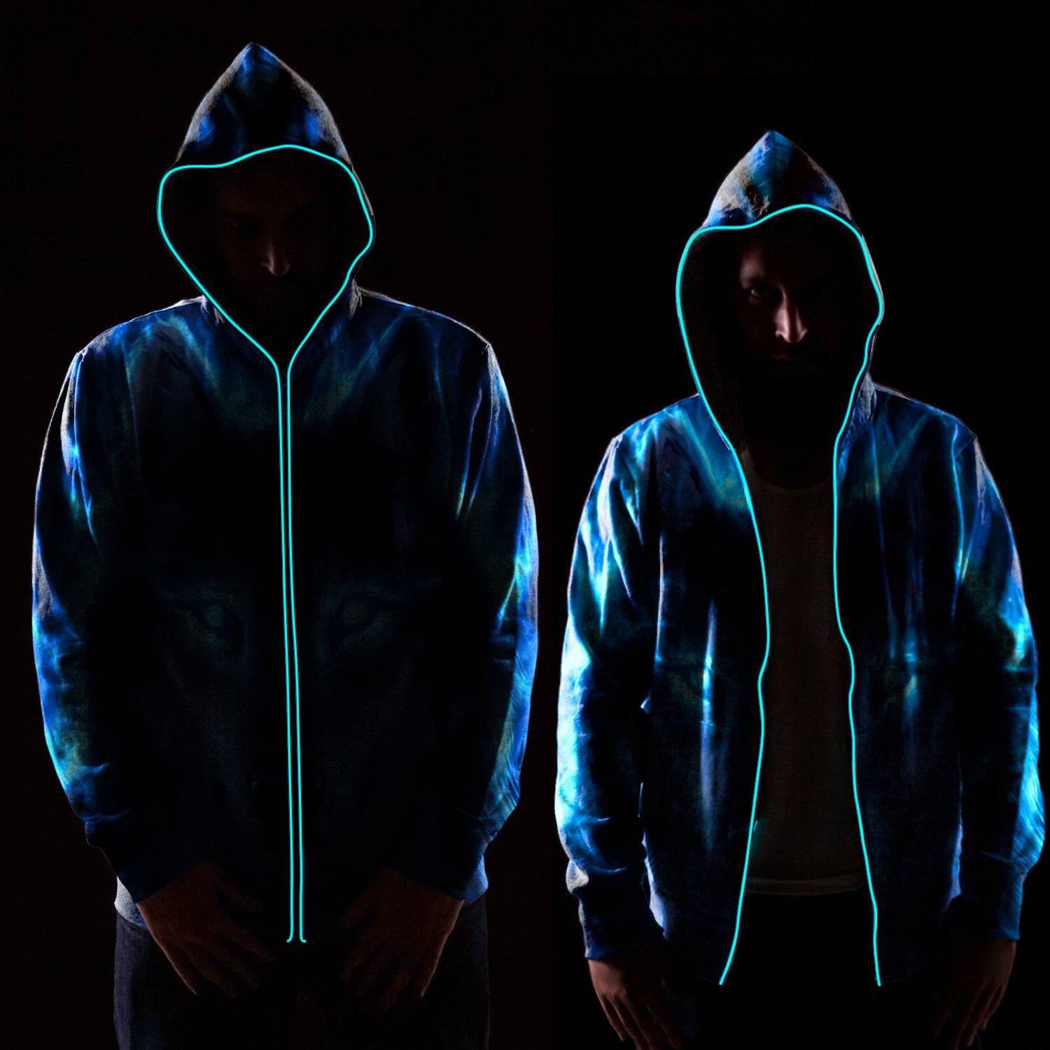 Two individuals wear glowing Maramalive™ Photoelectric Hoodies with neon trim, standing against a dark background. One hoodie's glow is more pronounced, outlining both figures in luminous blue light, perfectly capturing the essence of street style.