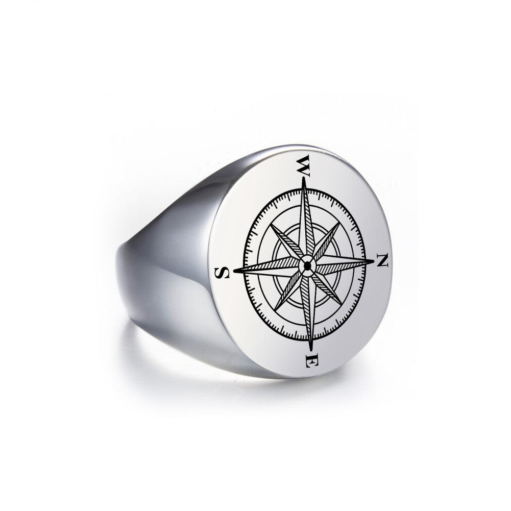Stainless Steel Marking Silver Compass Ring