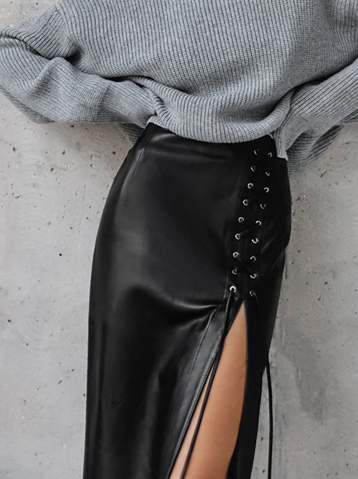 Laced Black Leather Skirt | Side Split Punk Vegan-friendly