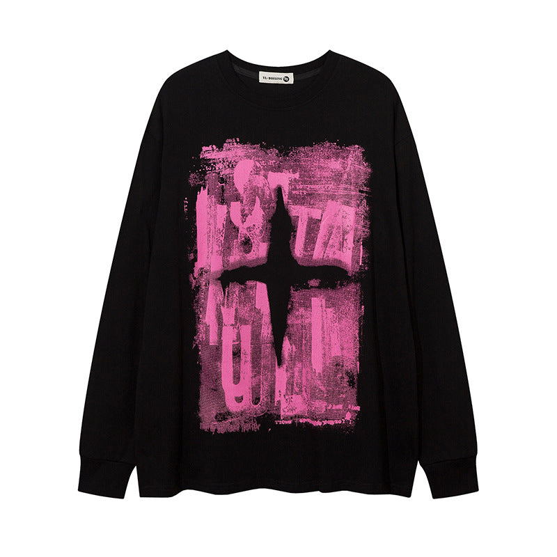 A Maramalive™ Men's Dark Color Graffiti Printing Long-sleeved T-shirt with a pink abstract design printed on the front, made from soft cotton fabric. Check the size chart for your perfect fit.