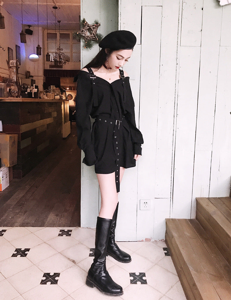 A Gothic Buckle Belt Off The Shoulder Shirt Dress with straps and buckles from Maramalive™.