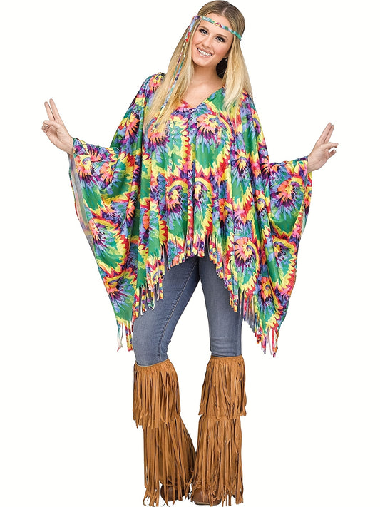Tie-Dye Print Hippie Poncho, Colorful Halloween Costume, Women's Clothing