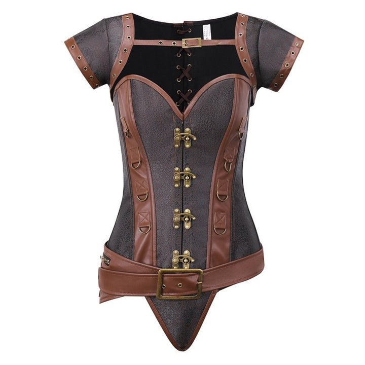 A sexy woman in a Gothic Costume Corset - Steampunk Cosplay Bustier by Maramalive™ and brown corset.