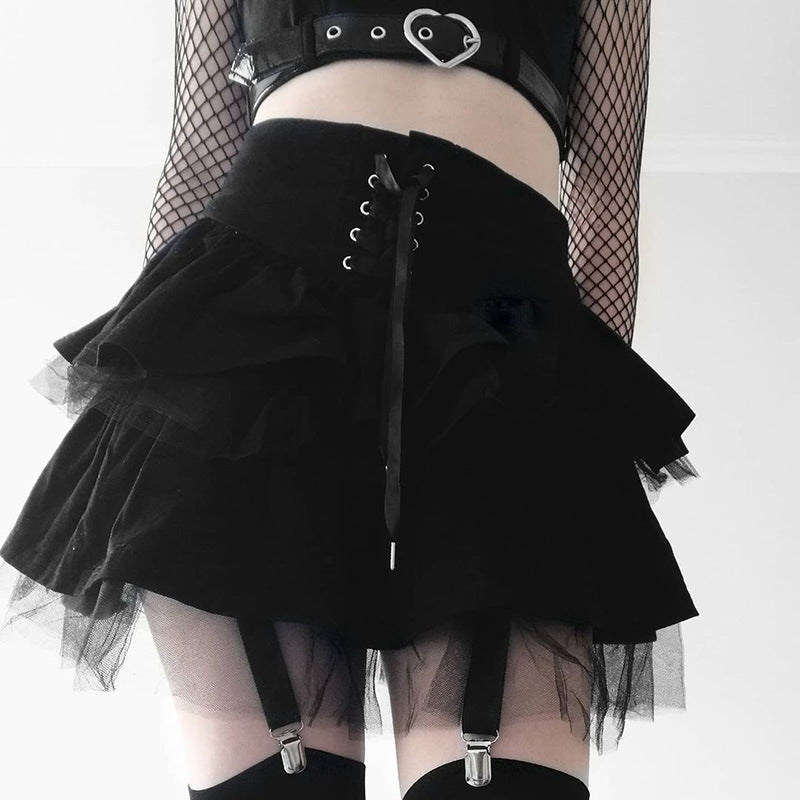 Gothic Lace-up Mesh mini Skirt | Retro Punk Velvet Skirt