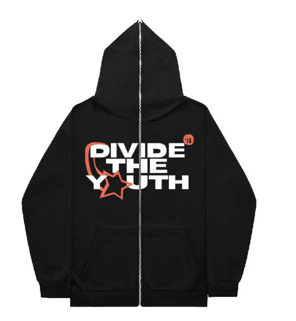 Black gothic-inspired zip-up hoodie with a front zipper. The back features the text "DIVIDE THE YOUTH" in bold white letters with an orange star and swoosh design. Introducing the **Dark Gothic Zip Sweater: Wardrobe's Stylish Must-Have by Maramalive™**.