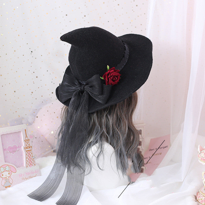 A Maramalive™ Lolita Halloween Retro Witch Hat Masquerade Rose Big Bow Wizard Hat Gothic Magical Girl Hat Cosplay Accessories Party Decor - perfect for Halloween parties and as a spooky gift.