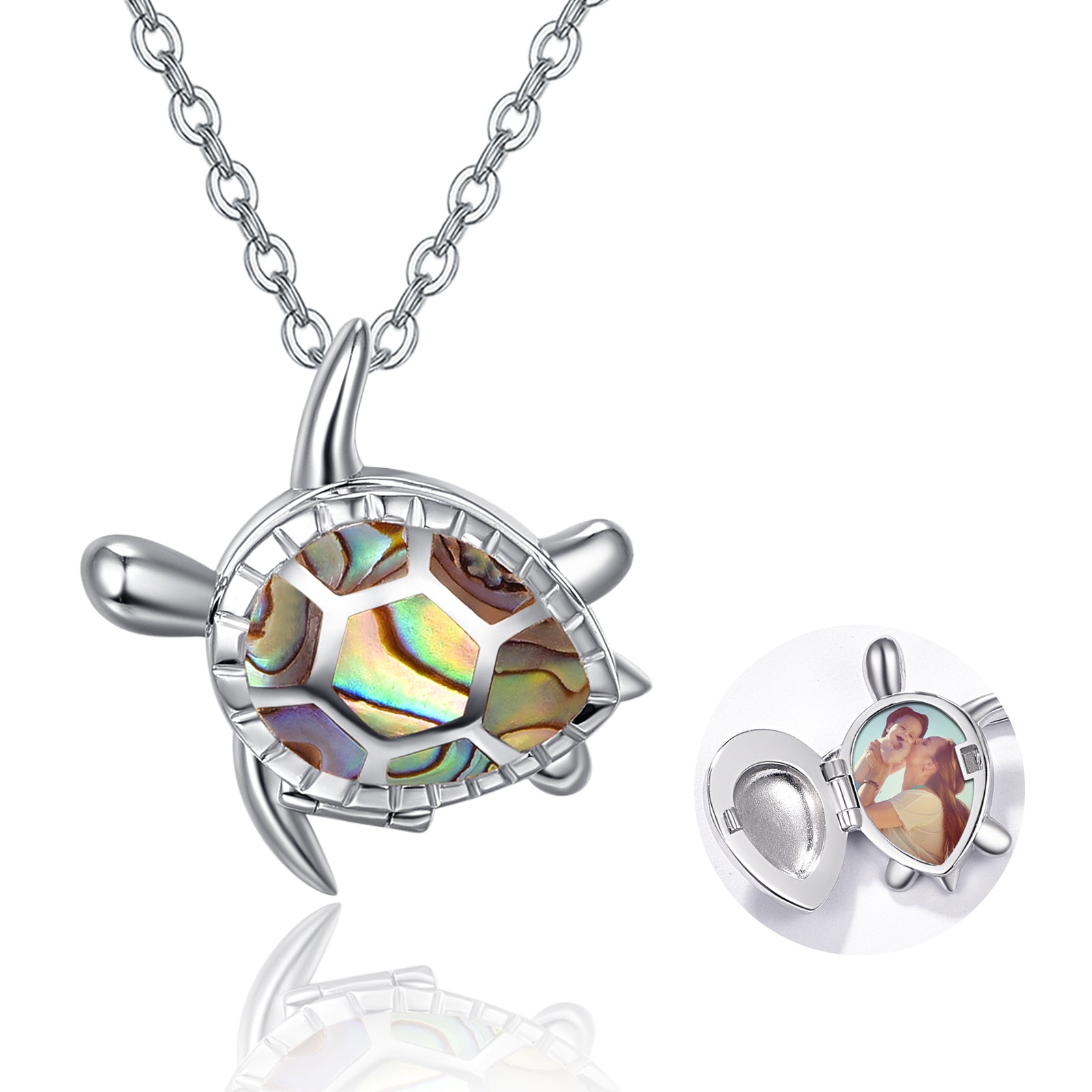 Silver Sea Turtle Locket Necklace | Abalone Shell Photo Pendant