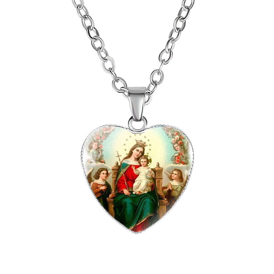 Catholic Virgin Head Portrait Heart-shaped Religious  Time Gemstone Necklace