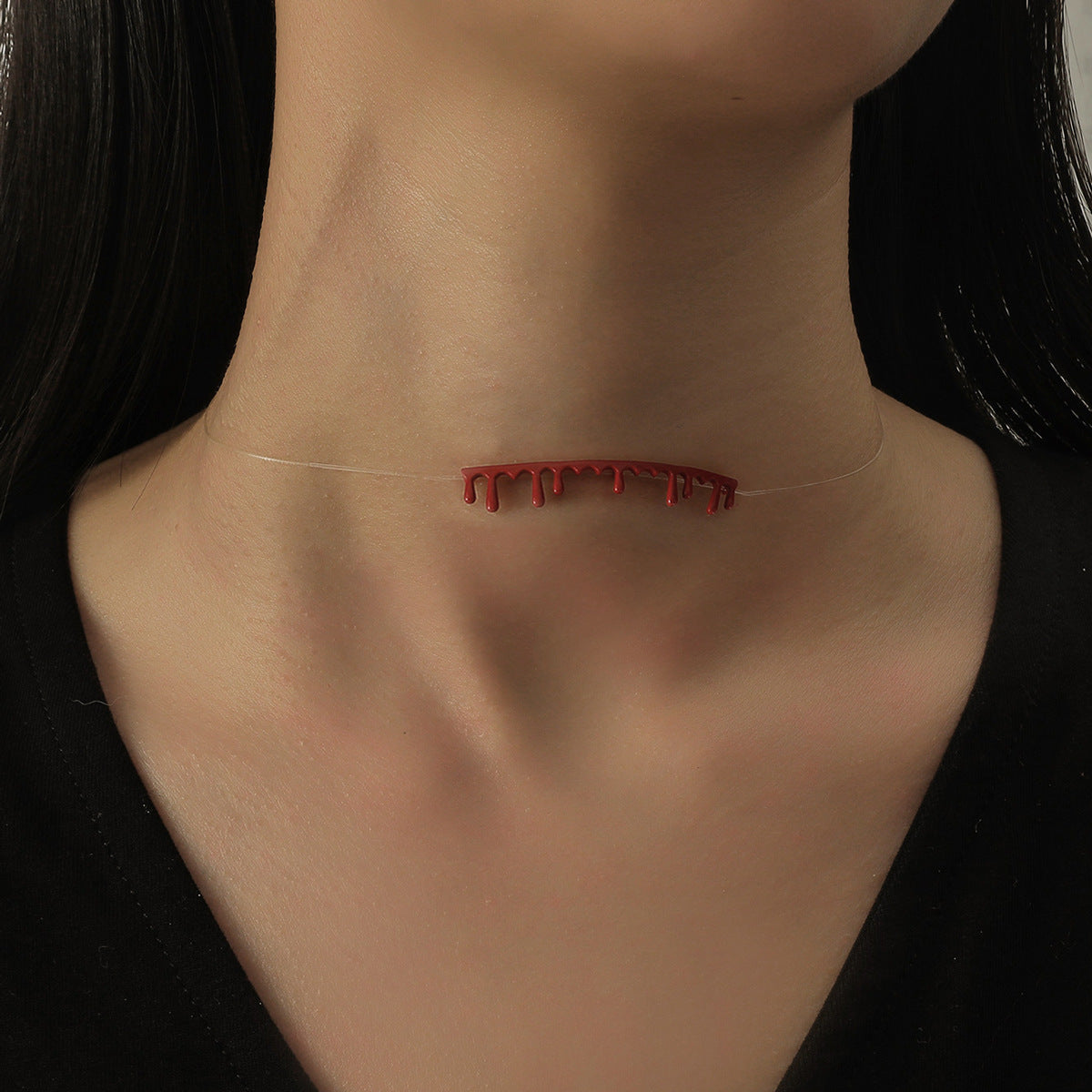 A woman wearing The Scarlet Choker - Personality Red Liquid Collar Ins Cold Wind by Maramalive™ on Halloween, with blood dripping from it.