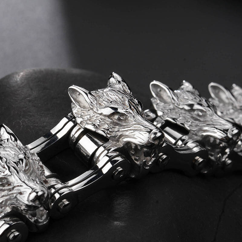 A men's titanium bracelet with steel lions head motifs, by Maramalive™