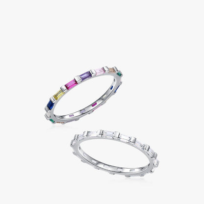A woman's hand with a Maramalive™ 925 Silver Ring Geometric Rainbow Full Diamond Stackable on it.