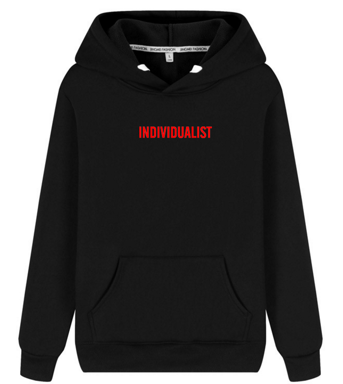 A black, hooded cashmere Hoodie Print hoodie with a front pocket and the word "INDIVIDUALIST" printed in red across the chest from Maramalive™. Make sure to check the size chart for an ideal fit.