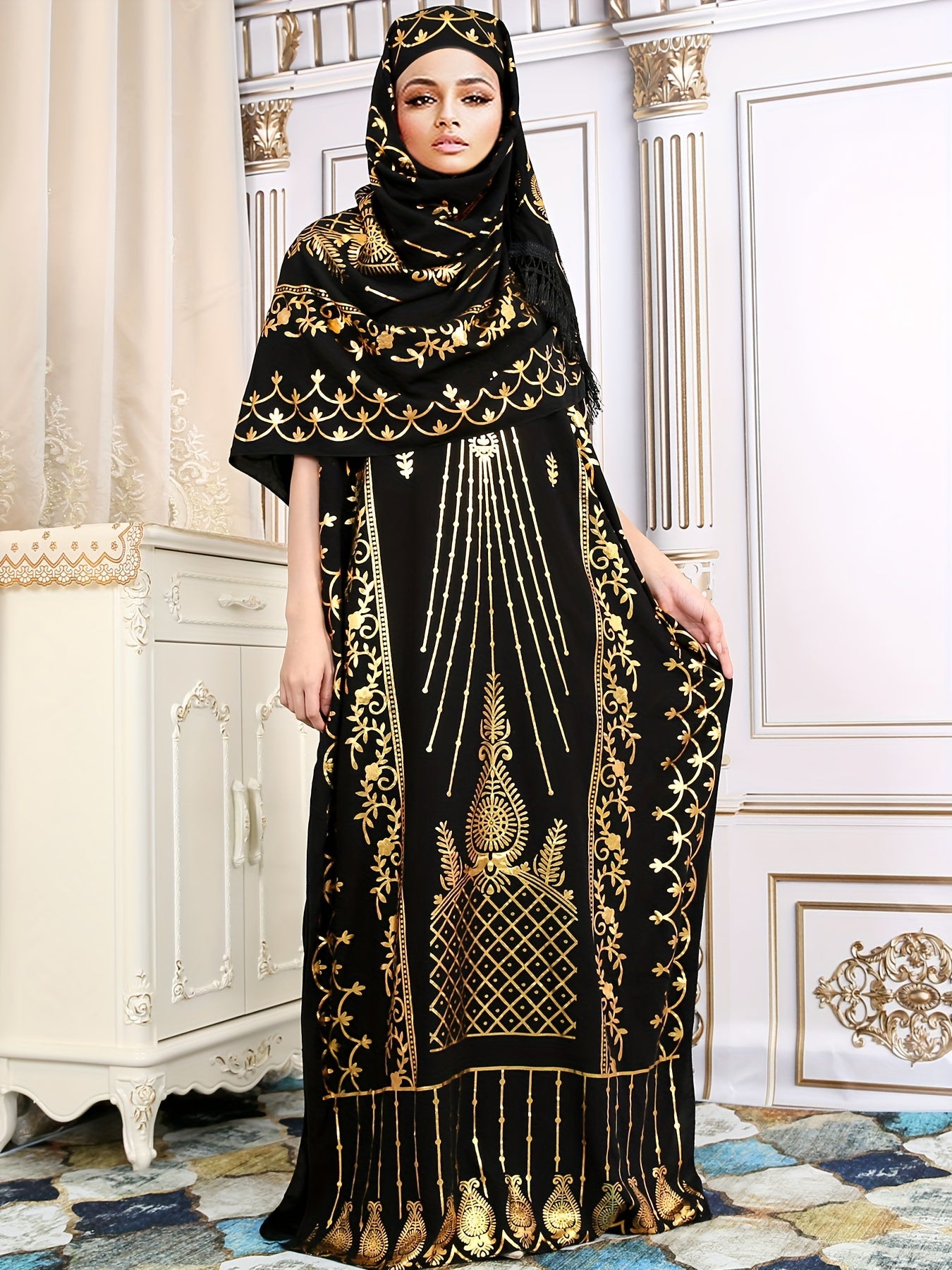 Ethnic Style Graphic Print Kaftan, Elegant Batwing Sleeve Maxi Dress, Women's Clothing