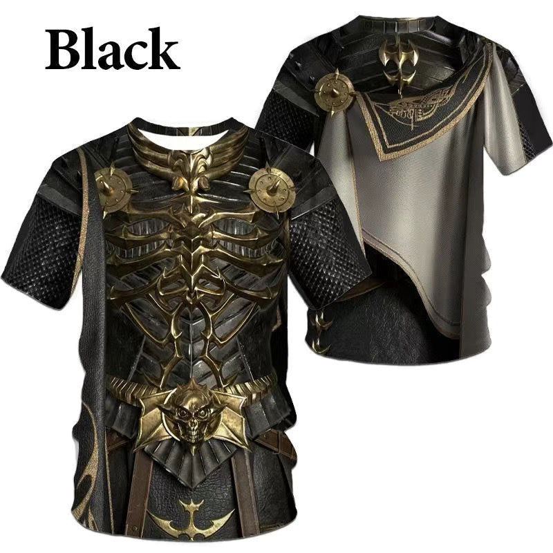 Two black Maramalive™ 3D Printed Men's Crew Neck Casual T-shirts with intricate, gold-accented armor designs. One design features skeletal armor, the other boasts ornate, medieval-style patterns. Crafted from Polyester Fiber through digital printing for enhanced detail and durability.