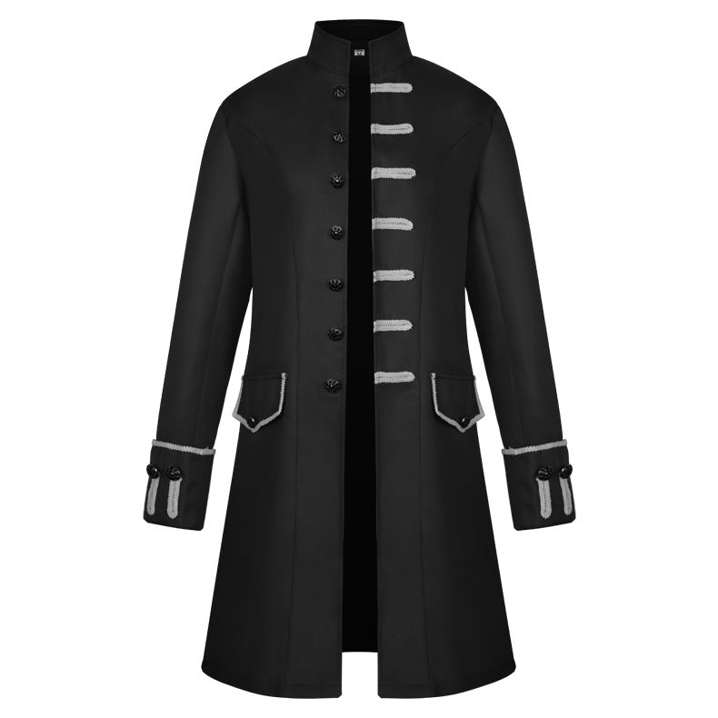 A Medieval Vintage Clothing men's black coat with silver buttons, perfect for those seeking a retro style.