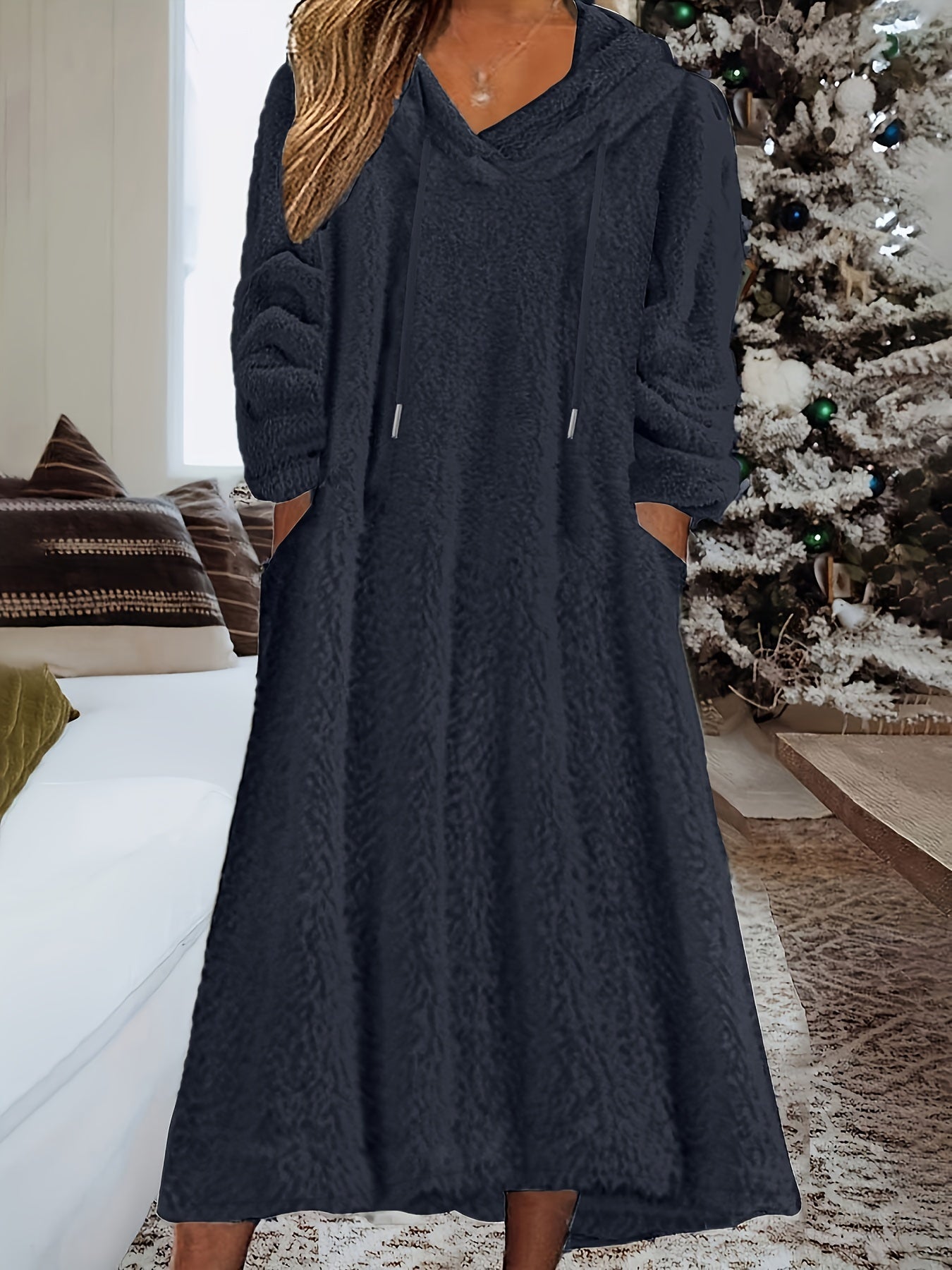 Plus Size Casual Dress, Women's Plus Solid Fleece Long Sleeve Drawstring Hooded Dress With Pockets