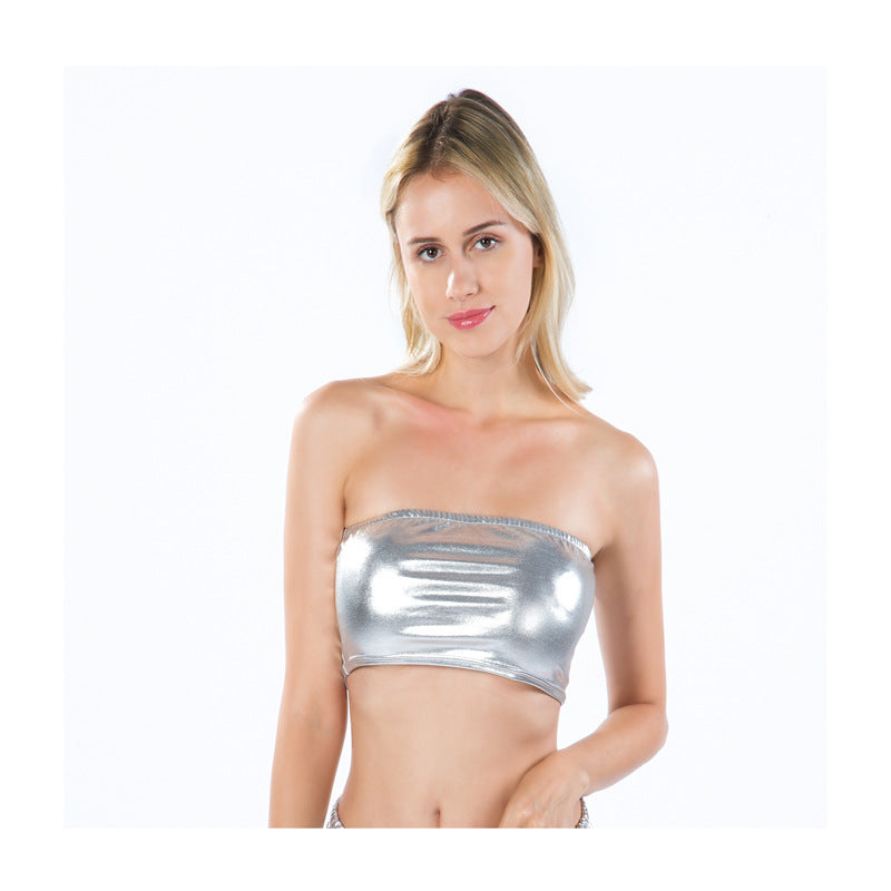 A European woman with pink hair posing in a metallic bikini, showcasing the Sexy Bright Leather Metallic Tube Top Patent Leather by Maramalive™, an important SEO keyword "Wrapped Chest".