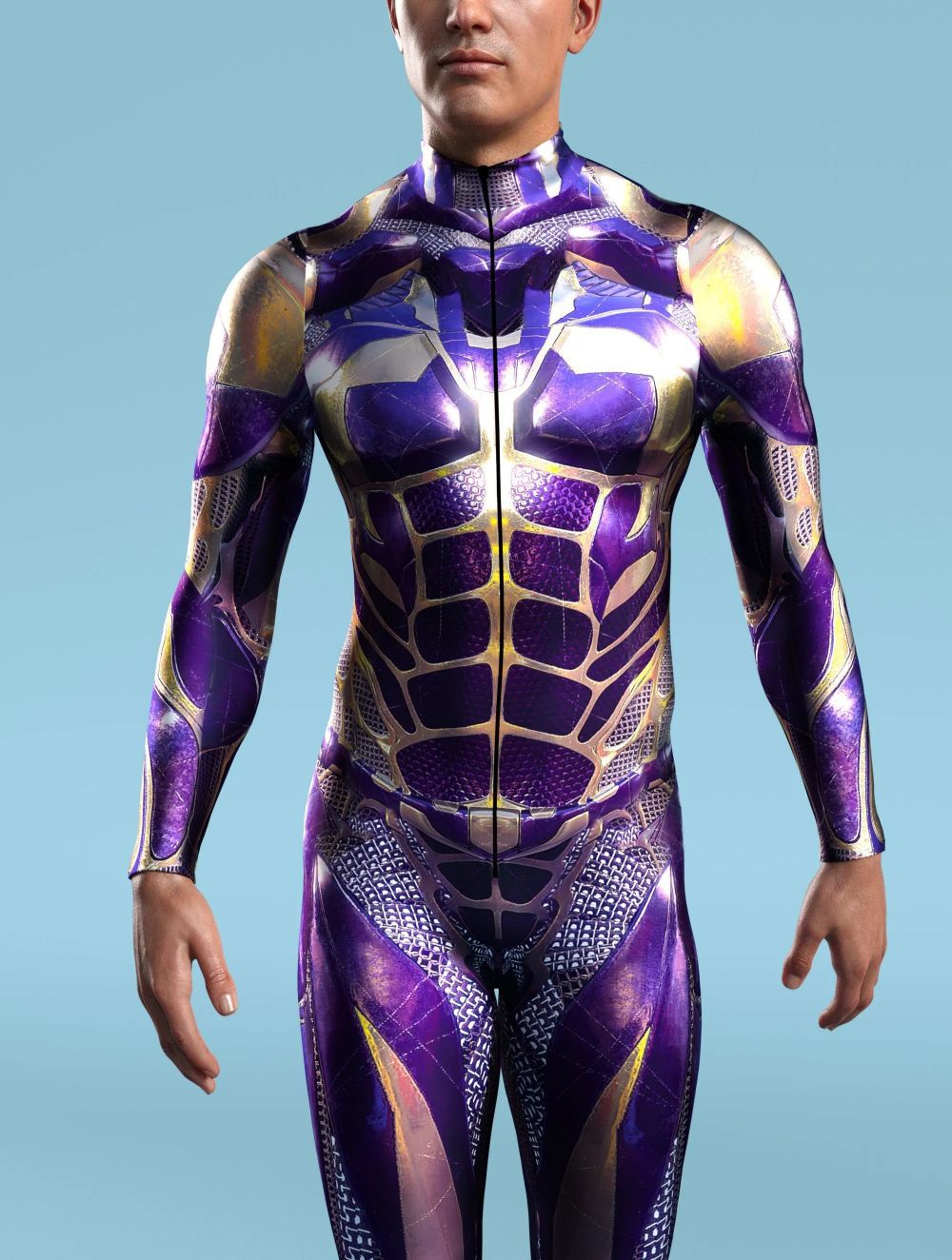 A person wearing a shiny, futuristic purple and gold Maramalive™ Halloween Tights 3D Digital Printing Cos One-piece Play Costume stands with arms relaxed at their sides, set against a light blue background.