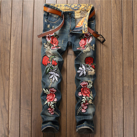 Spring Punk Men's Embroidered Rose Denim Trousers Mid Waist Casual