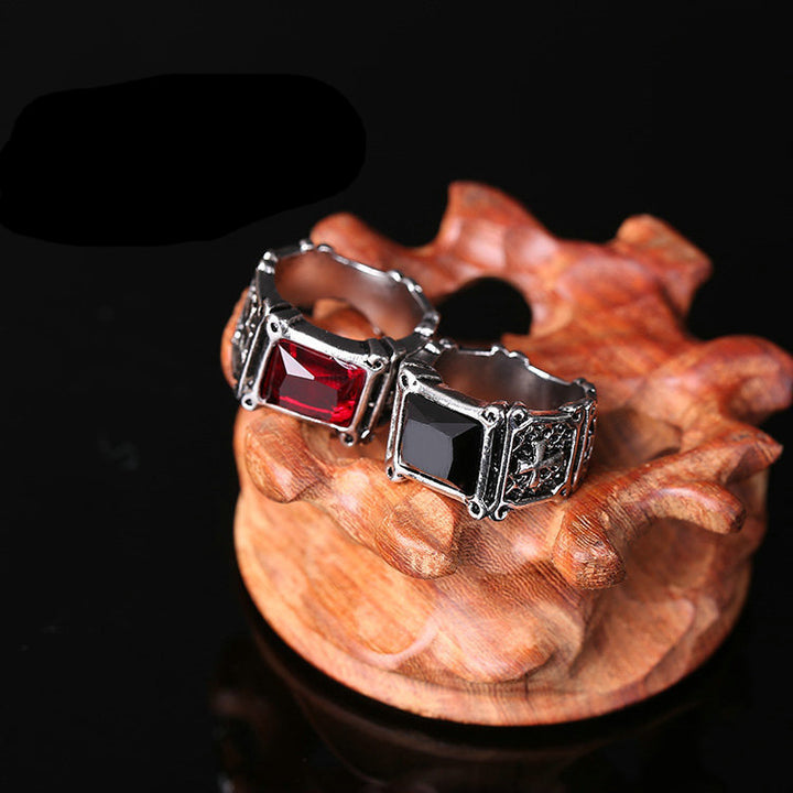 A fashionable women's ring featuring a silver band and the stunning Cardinal's Crest - A Ring of Prestige: Men's Retro Ring Gothic Cross With Rubies by Maramalive™.